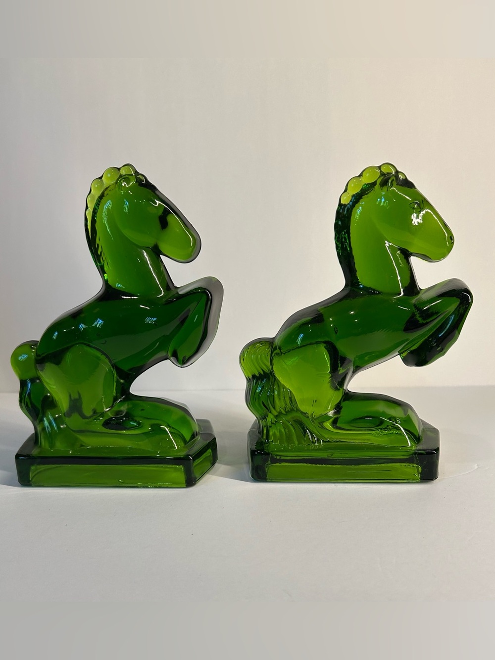 LE Smith Rearing Horse Green Glass Bookends Pair Vintage